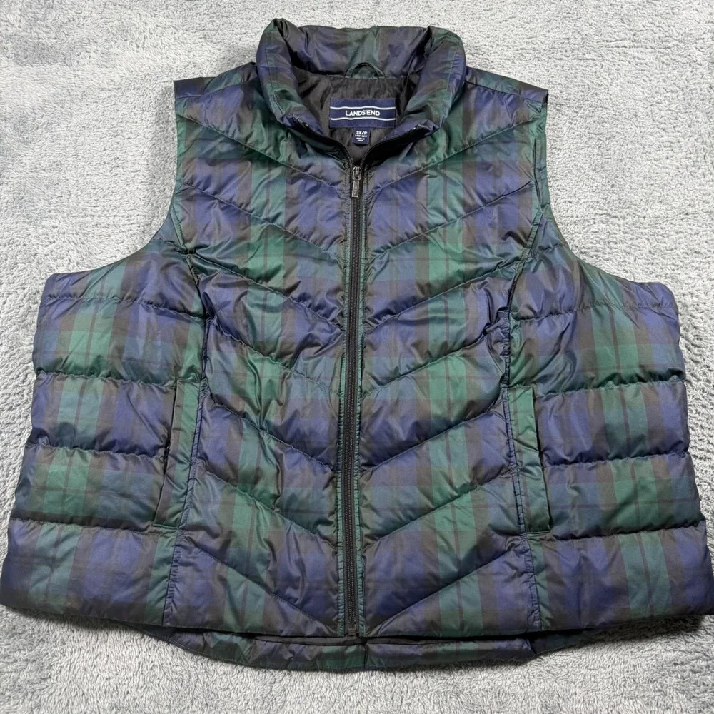 Lands End Black Watch Plaid Down Puffer Vest Full Zip Multicolor‎ Size 3XL
